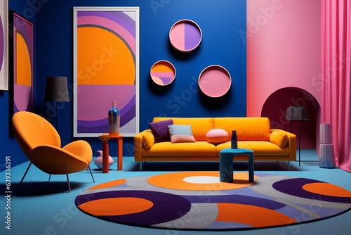Expressive modern pop art interior vibrant blue and orange accents. Vintage retro home concept