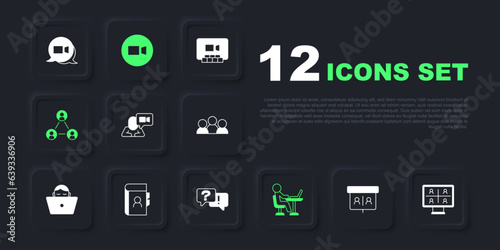 Set Video chat conference, Freelancer, Meeting, Phone book, and Question and Answer icon. Vector