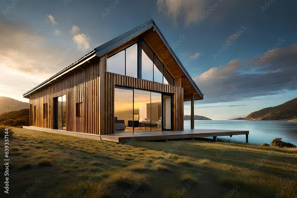 A Modern House near the Lake in Mountains. A Modern House near the Lake in Mountains.