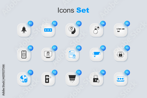 Set Shield security with lock, Lock, Password protection, world globe, Laptop password, Ringing alarm bell and Document and icon. Vector