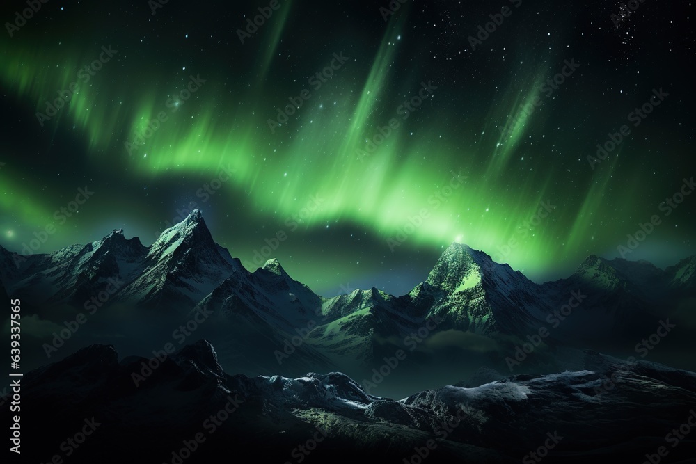 Stunning green aurora with starry sky over snowy peak mountain range