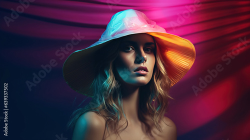 Portrait of expressive young model in pink hat , closeup. AI Generative