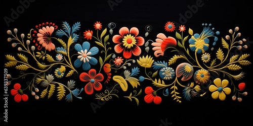 Hungarian embroidery of colorful flowers over black background