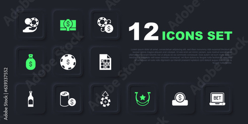 Set Coin money with dollar, Online sports betting, Casino chip, Horseshoe, Money bag, Stacks paper cash and chips icon. Vector