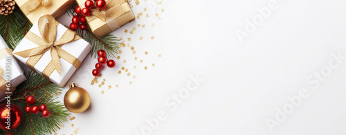 Christmas card with gifts wrapped in golden paper with Christmas decorations on a white background, legal AI