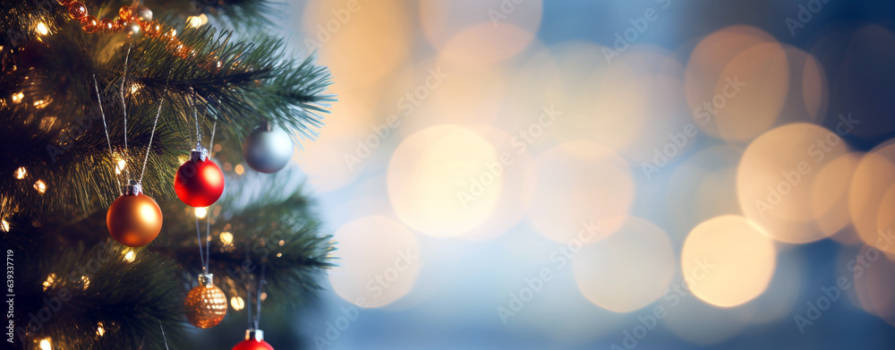 Christmas New Year's toys on the tree on a blurred background close-up, legal AI