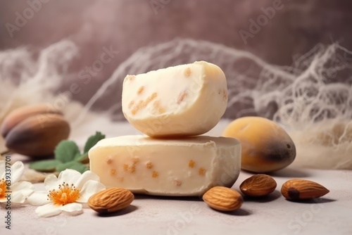 Handmade soap with nuts on a light background. Selective focus. Generative AI