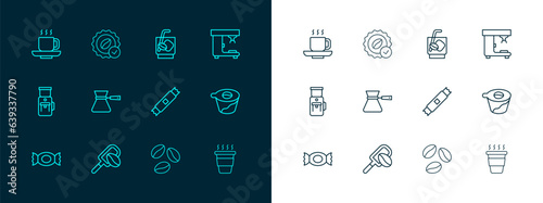 Set line Coffee machine, Spatula with coffee grain, Sugar stick packets, beans, turk, Espresso tonic, cup and Medal for icon. Vector