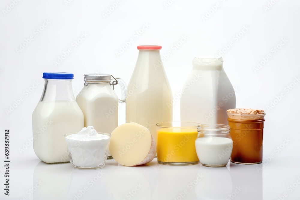 Milk products on a white background. Milk, sour cream, yogurt, sour cream, yogurt, sour cream. Generative AI Milk products on a white background. Milk, sour cream, yogurt, sour cream, yogurt, sour cream. Generative AI
