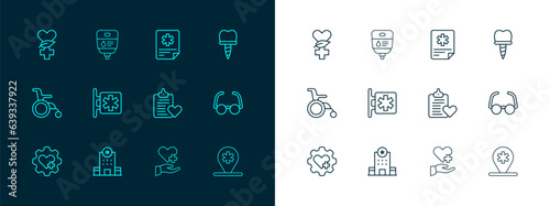 Set line Dental implant, Hospital building, Patient record, Heart with cross, Emergency - Star of Life, Ethnoscience and IV bag icon. Vector