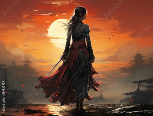 Woman warrior silhouette on the background of a fiery sunset in Asian style AI