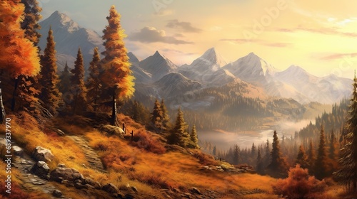 Beautiful autumn mountain landscape with snow-capped peaks and valleys
