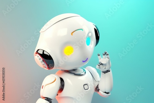 Cute robot with one arm raised on toned blue background. Generative AI