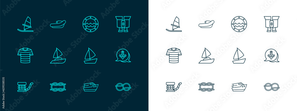 Set line Binoculars, Nautical rope knots, Yacht sailboat, Speedboat, Ship porthole, Windsurfing and Inflatable with motor icon. Vector Set line Binoculars, Nautical rope knots, Yacht sailboat, Speedboat, Ship porthole, Windsurfing and Inflatable with motor icon. Vector