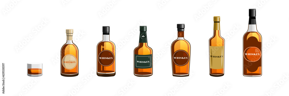 Front view, Different whiskey bottle on isolated background, Vector illustration. Front view, Different whiskey bottle on isolated background, Vector illustration.