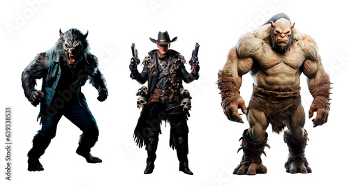 Monster hunter with a werewolf and ogre monster. Full body shot on isolated transparent and white background photo
