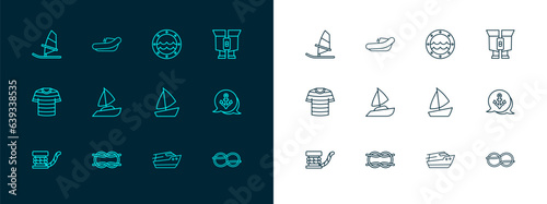 Set line Binoculars, Nautical rope knots, Yacht sailboat, Speedboat, Ship porthole, Windsurfing and Inflatable with motor icon. Vector