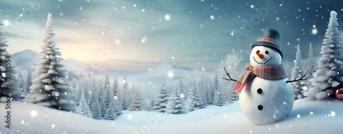 happy snowman on winter forest background christmas card for your design, legal AI © PETR BABKIN