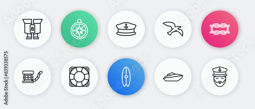 Set line Surfboard, Nautical rope knots, Marine bollard with, Speedboat, Bird seagull, Captain hat, of ship and Lifebuoy icon. Vector
