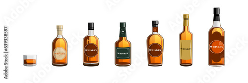 Front view, Different whiskey bottle on isolated background, Vector illustration.