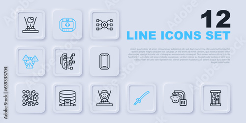 Set line Humanoid robot, Cryogenic capsules, Katana, Earth with exclamation mark, Cloud database, First aid kit and Hologram icon. Vector