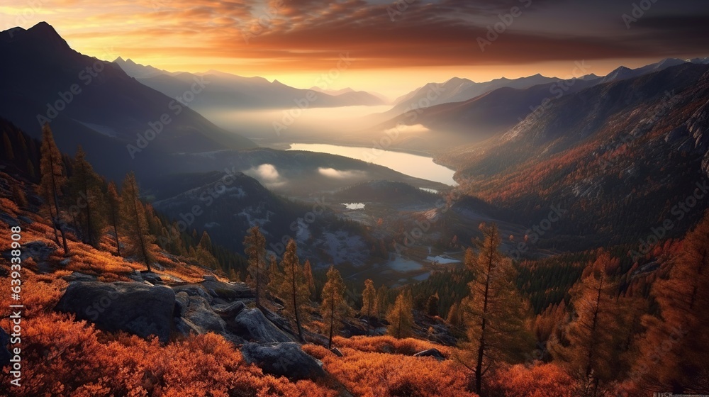Beautiful autumn landscape in the mountains. 3d render illustration.