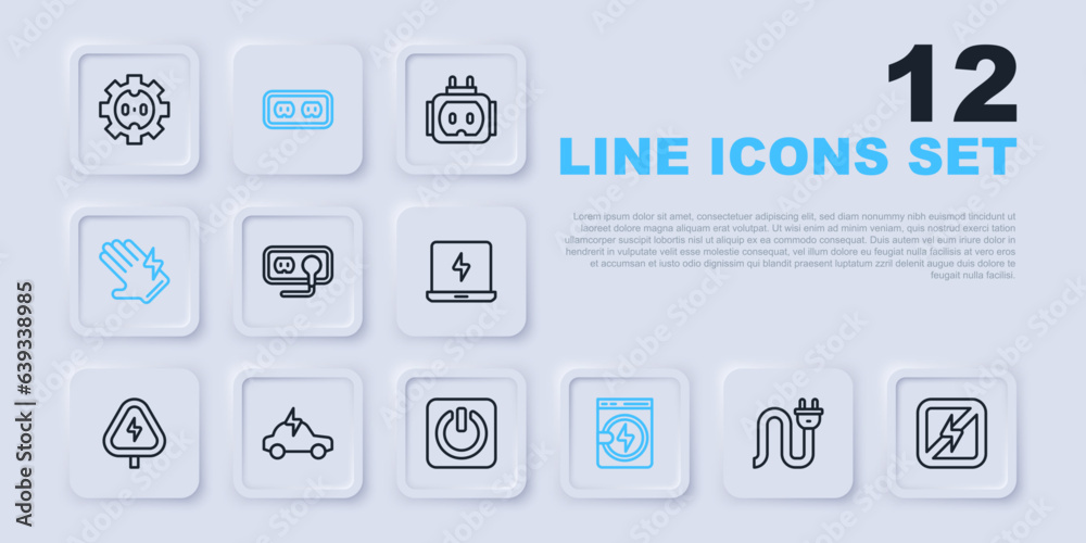 Set line Electric plug, No lightning, Electrical outlet, Washer, glove, car, and Power button icon. Vector