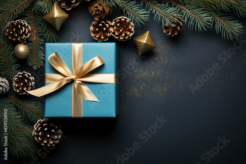 Christmas flat lay background with present box and decorations on blue. fir tree branches. AI generative © SANGHYUN