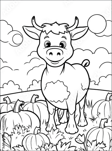 Cute cow in the field coloring page - coloring book for kids