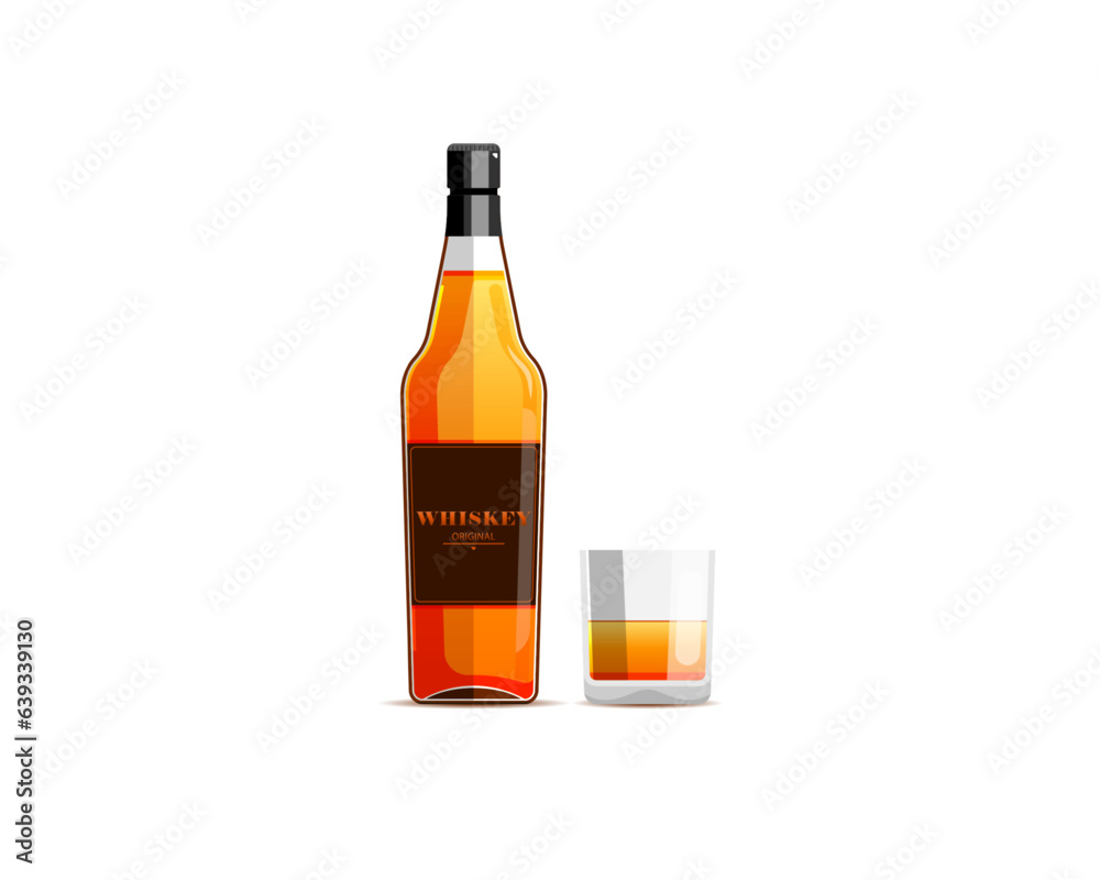Front view, Whiskey bottle with glass on isolated background, Vector illustration. Front view, Whiskey bottle with glass on isolated background, Vector illustration.