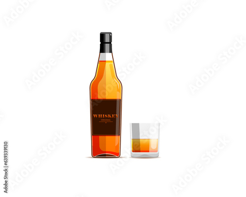 Front view, Whiskey bottle with glass on isolated background, Vector illustration.