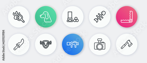 Set line Sniper optical sight, Trap hunting, Hunter knife, Photo camera, Dead fish, Cartridges, Wooden axe and Deer antlers on shield icon. Vector