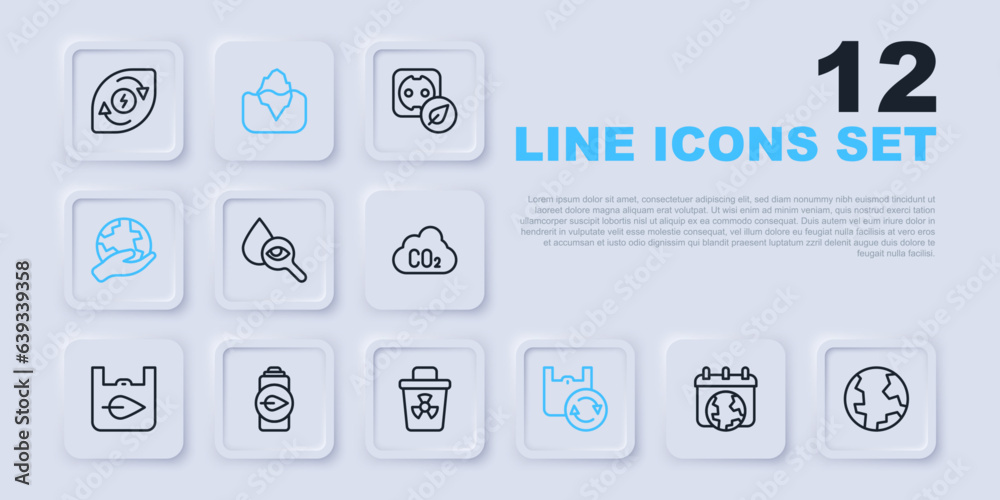 Set line World Earth day, globe, Drop and magnifying glass, Shopping bag with recycle, Hand holding, Eco nature leaf battery, Iceberg and Infectious waste icon. Vector Set line World Earth day, globe, Drop and magnifying glass, Shopping bag with recycle, Hand holding, Eco nature leaf battery, Iceberg and Infectious waste icon. Vector