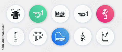 Set line Grand piano, Guitar neck, Flute, Violin, Trumpet, Music synthesizer, Conga drums and Pan flute icon. Vector