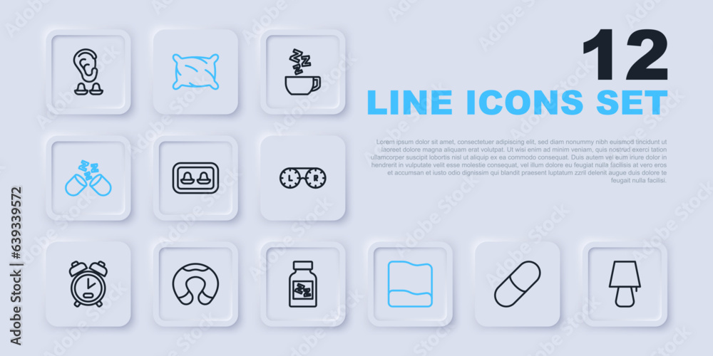 Set line Sleeping pill, Table lamp, Earplugs with storage box, Pillow, Travel neck pillow, and icon. Vector Set line Sleeping pill, Table lamp, Earplugs with storage box, Pillow, Travel neck pillow, and icon. Vector