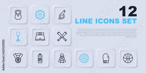 Set line Boxing glove, Basketball ball, short, Volleyball, Punching bag, Fitness shaker, Soccer football and Badminton shuttlecock icon. Vector