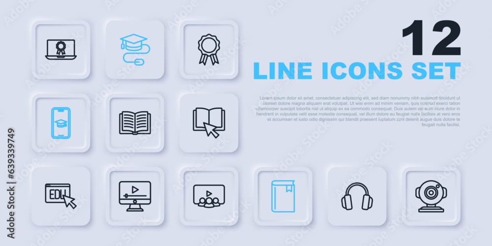 Set line Headphones, Web camera, Open book, Book, Graduation cap mobile, Online play video, with mouse and class icon. Vector