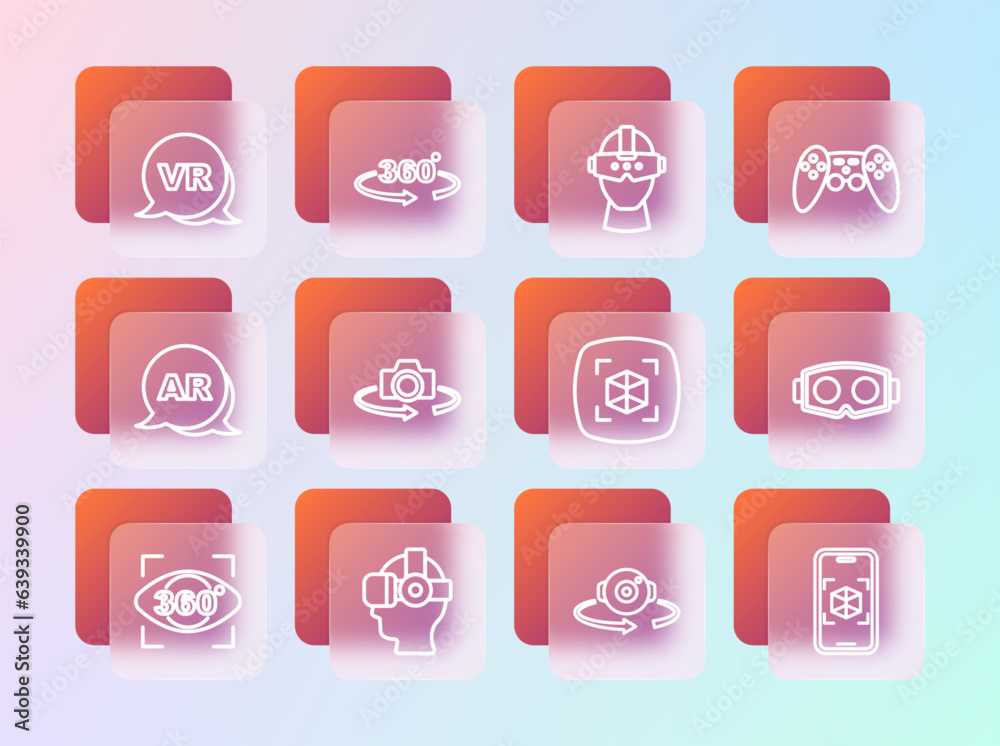 Set line Gamepad, Virtual reality glasses, 3d modeling, 360 degree view, and icon. Vector Set line Gamepad, Virtual reality glasses, 3d modeling, 360 degree view, and icon. Vector