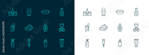 Set line Bottle of nail polish, Cream or lotion cosmetic tube, shampoo, Tube hand cream, Shaving foam, Smiling lips, Human hair follicle and icon. Vector