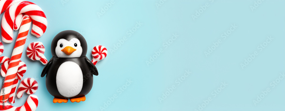 christmas card cute cartoon penguin and candies on light blue background with empty copy space, legal AI