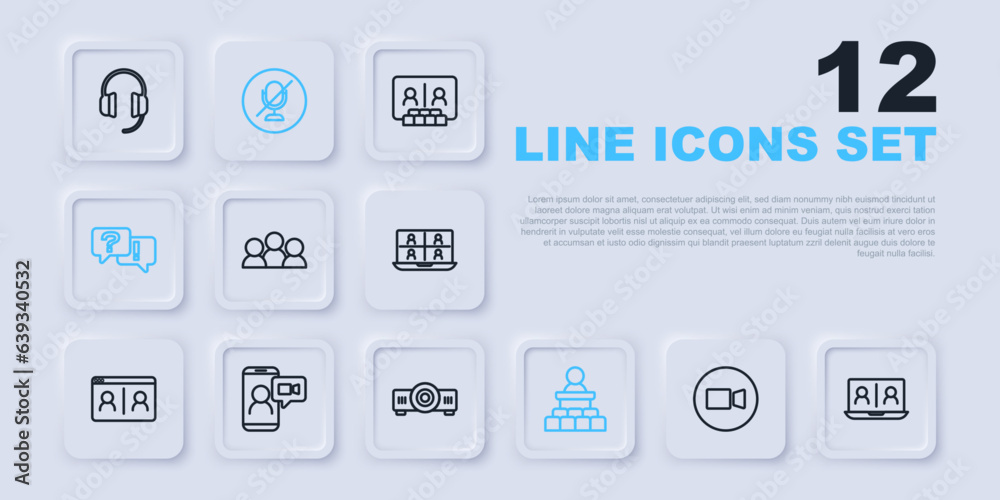 Set line Video chat conference, Meeting, Speaker, Question and Answer, Mute microphone and Movie, film, media projector icon. Vector Set line Video chat conference, Meeting, Speaker, Question and Answer, Mute microphone and Movie, film, media projector icon. Vector