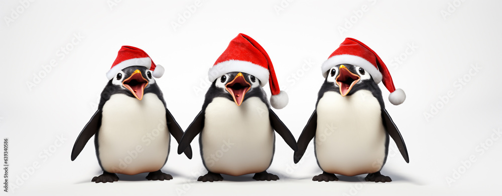 Fototapeta premium happy cartoon penguins sing a song on a white background. christmas card, legal AI