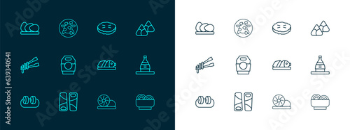 Set line Zongzi in bamboo steamer, Guotie, Fish with sliced pieces, Xiao long bao, Asian noodles paper box, Homemade, Chicken egg and Kung Pao chicken icon. Vector