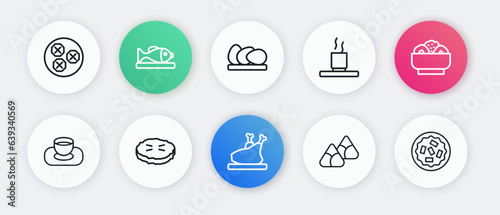 Set line Roasted turkey or chicken, Chow mein on plate, Soy sauce bowl, Zongzi bamboo steamer, Cup of, Chicken egg, Homemade pie and icon. Vector