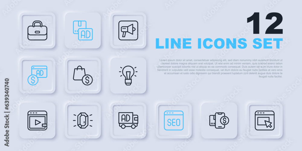 Set line Mobile with dollar, Advertising, shopping bag and, SEO optimization, Diamond, and truck icon. Vector Set line Mobile with dollar, Advertising, shopping bag and, SEO optimization, Diamond, and truck icon. Vector