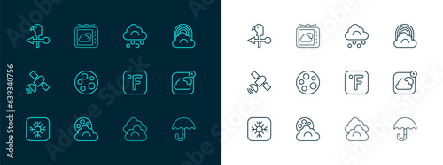 Set line Rainbow with cloud, Cloud moon, Fahrenheit, Moon, Hail, Rooster weather vane and Weather forecast icon. Vector