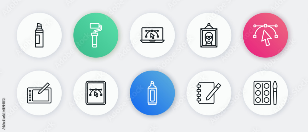 Set line Marker pen, Bezier curve, Graphic tablet, Notebook, Picture, Computer with design program, Watercolor paints in box and icon. Vector Set line Marker pen, Bezier curve, Graphic tablet, Notebook, Picture, Computer with design program, Watercolor paints in box and icon. Vector