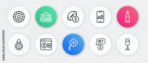 Set line Casino slot machine with clover, Bottle of wine, chips, dollar, Online sports betting, American football money, Wine glass and poker table game icon. Vector