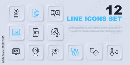 Set line Game dice, Casino chip with dollar, Online sports betting, chips exchange, poker table game, trophy cup, and slot machine clover icon. Vector