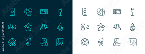 Set line Wine glass, Hand holding casino chips, Coin money with dollar, Online sports betting, Casino win, Slot machine jackpot, poker table game and Football icon. Vector